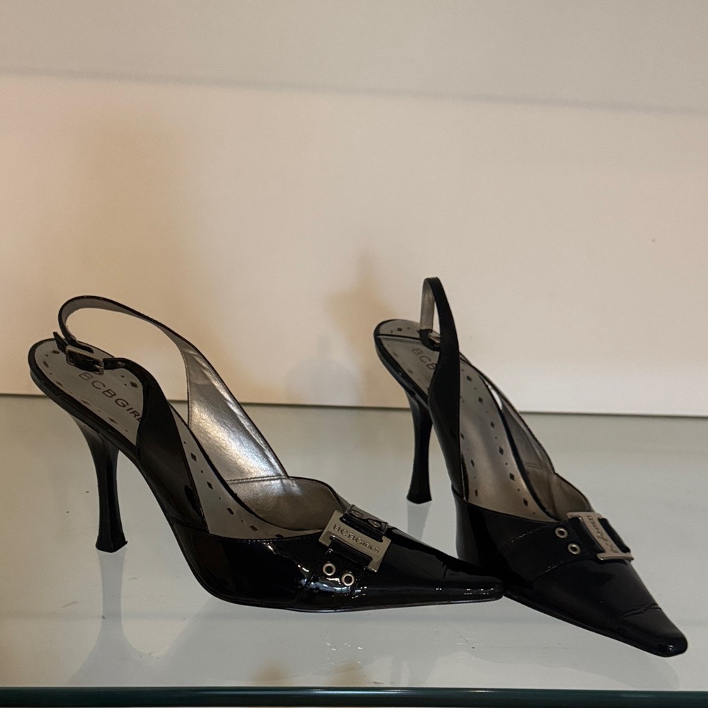 BCBGMaxAzria Black Patent Slingback Heels